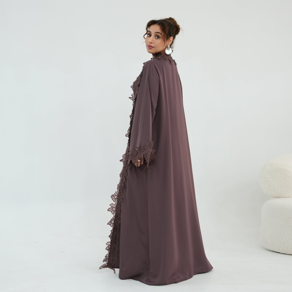 Floral Lace Trim Open Abaya & Sleeveless Inner Dress Set(MOA312)