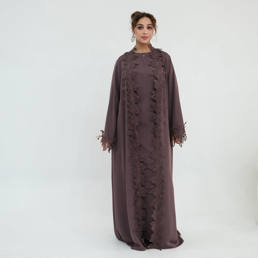 Floral Lace Trim Open Abaya & Sleeveless Inner Dress Set(MOA312)