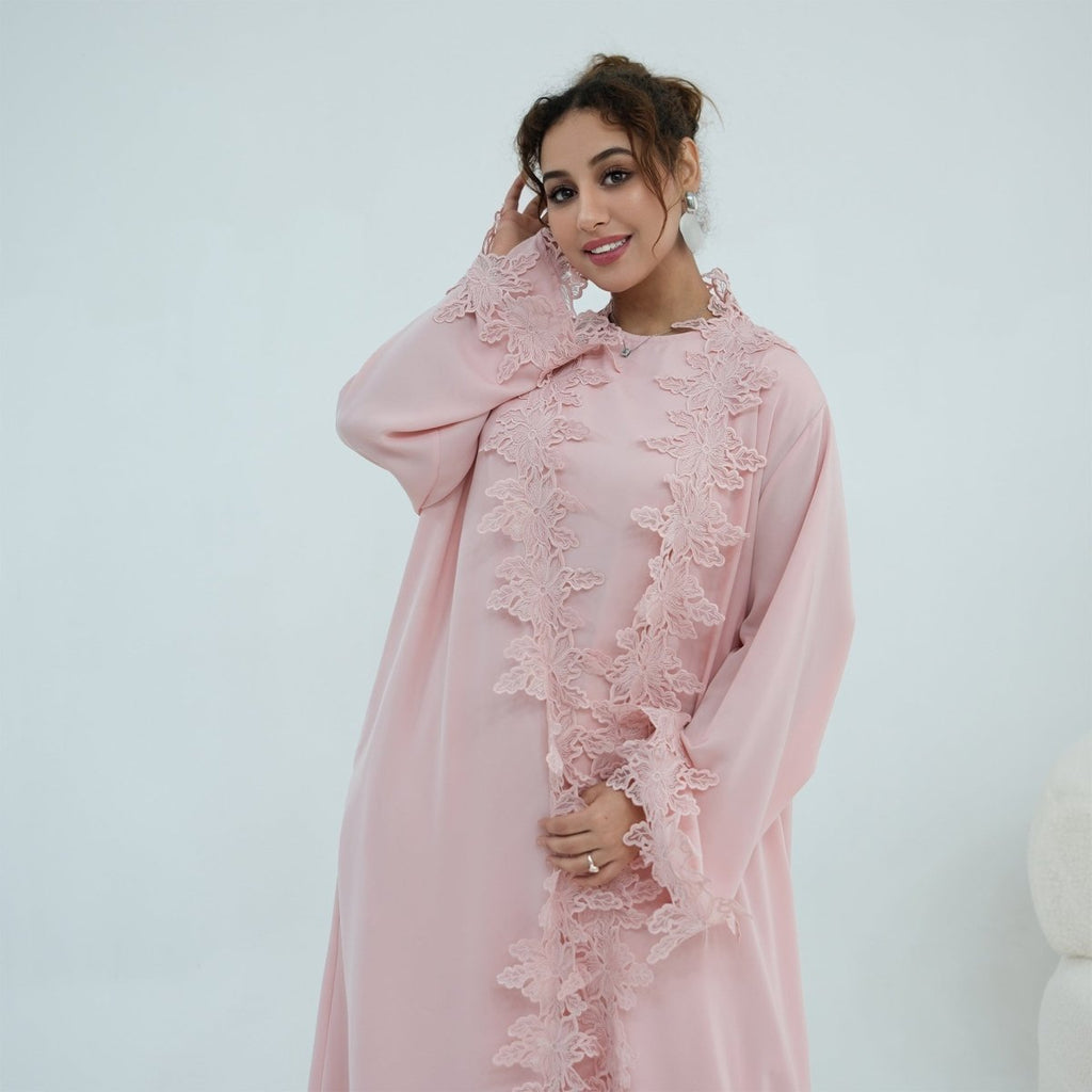 Floral Lace Trim Open Abaya & Sleeveless Inner Dress Set(MOA312)