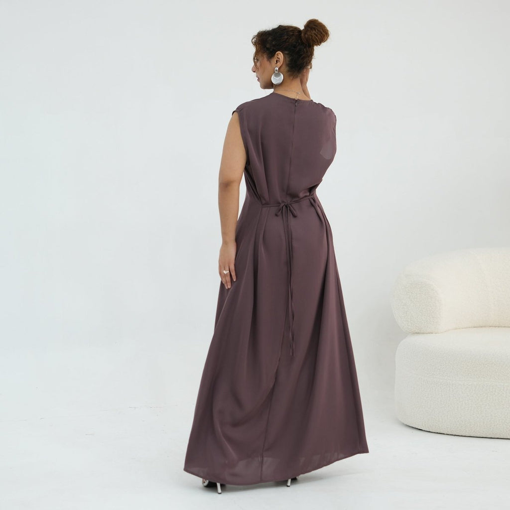 Floral Lace Trim Open Abaya & Sleeveless Inner Dress Set(MOA312)