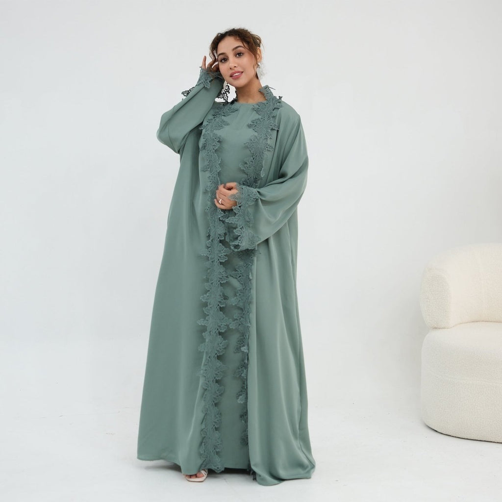 Floral Lace Trim Open Abaya & Sleeveless Inner Dress Set(MOA312)