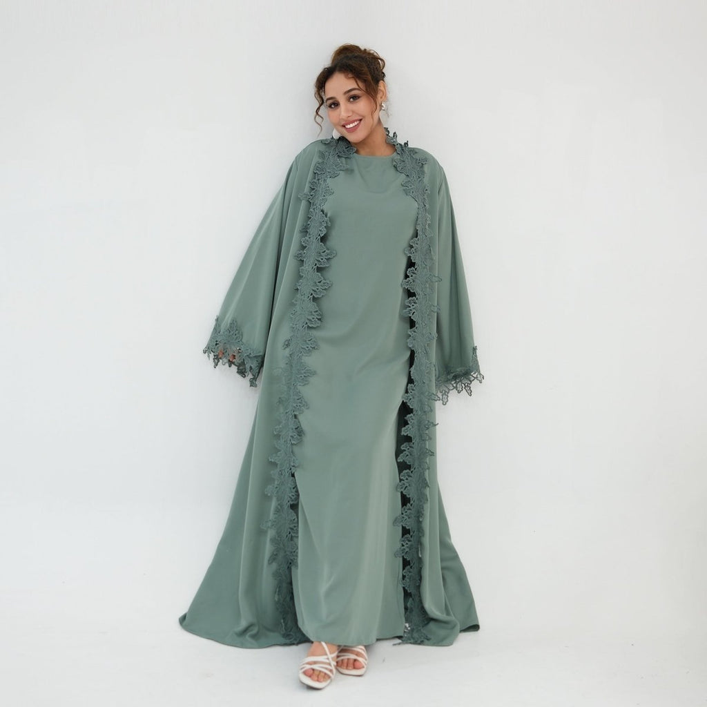 Floral Lace Trim Open Abaya & Sleeveless Inner Dress Set(MOA312)