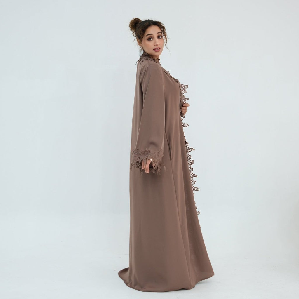 Floral Lace Trim Open Abaya & Sleeveless Inner Dress Set(MOA312)