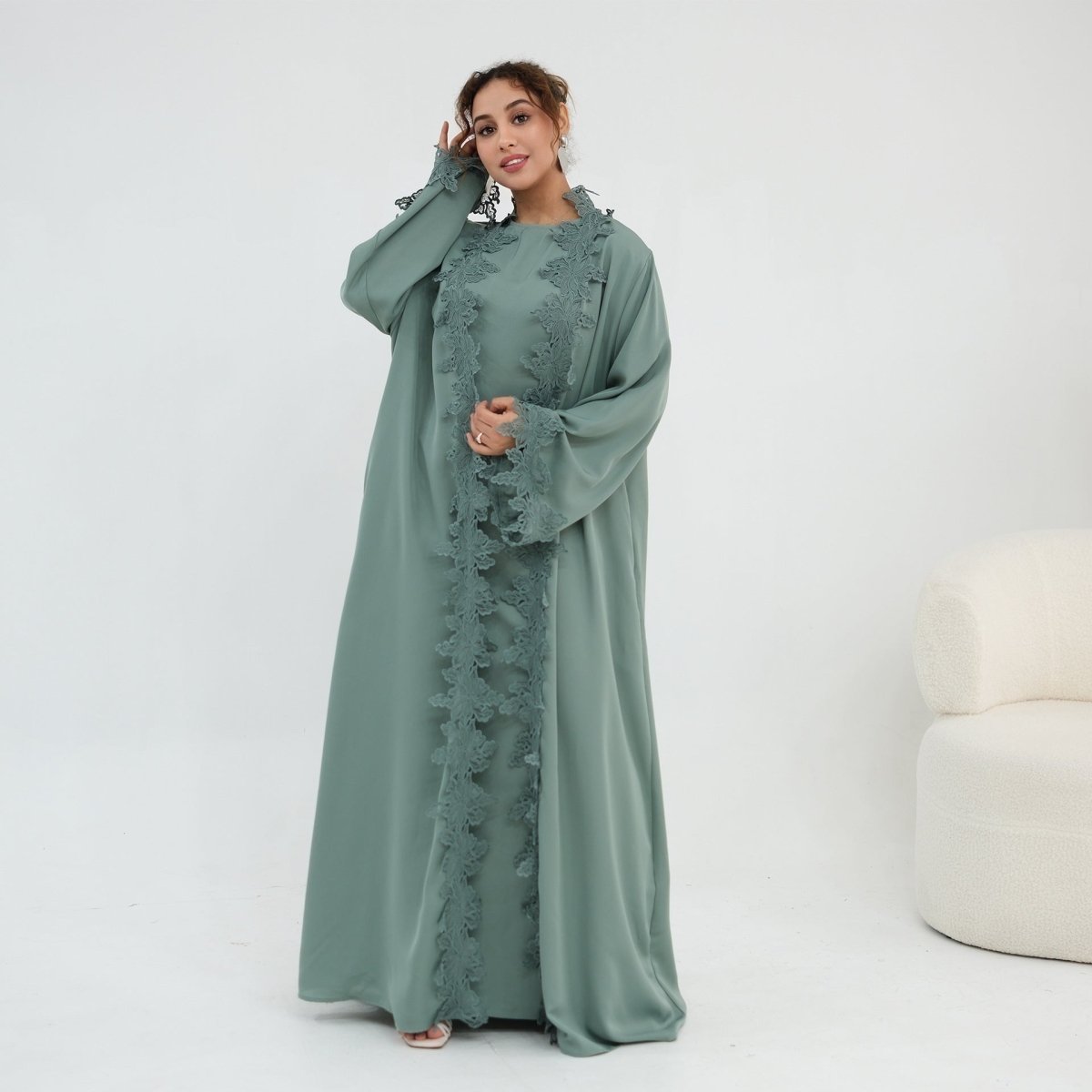 Floral Lace Trim Open Abaya & Sleeveless Inner Dress Set(MOA312)