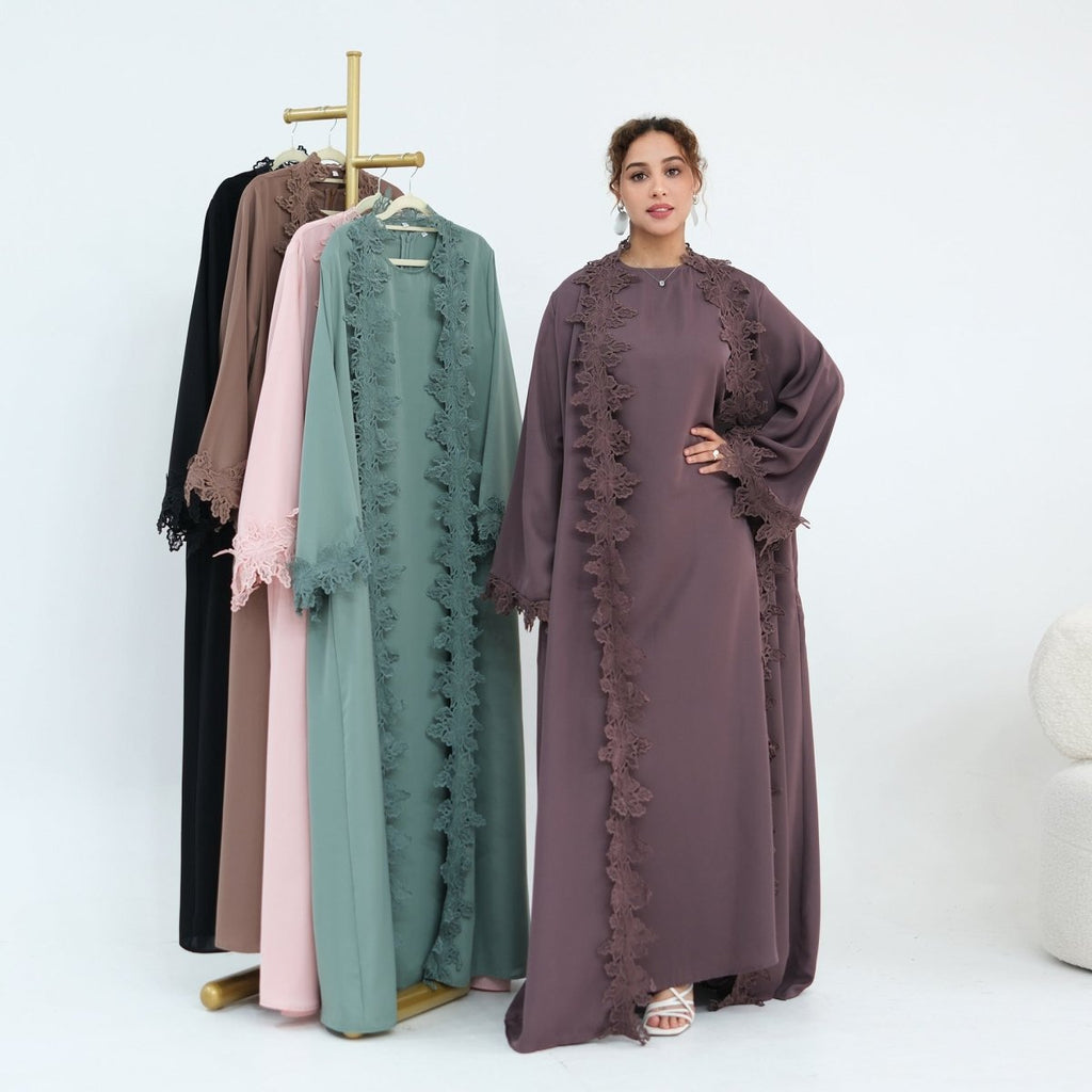 Floral Lace Trim Open Abaya & Sleeveless Inner Dress Set(MOA312)