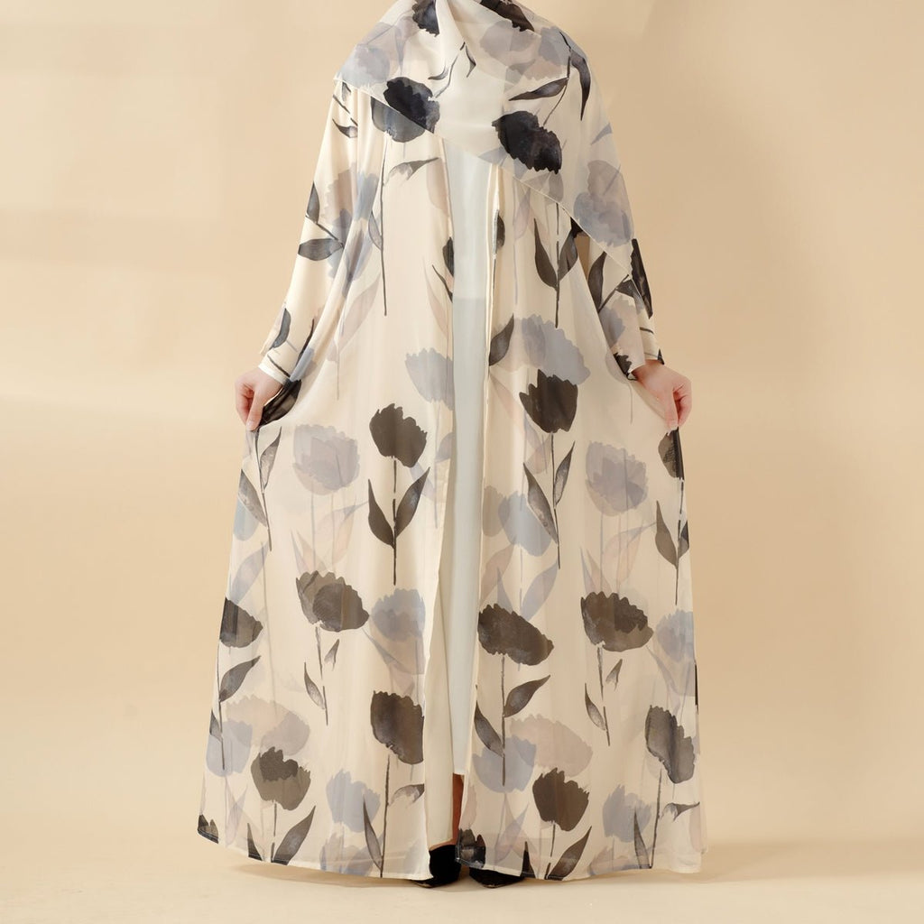 Floral Pattern Open Abaya | 2-Piece Set Lightweight Printed Open Abaya (MOA124)