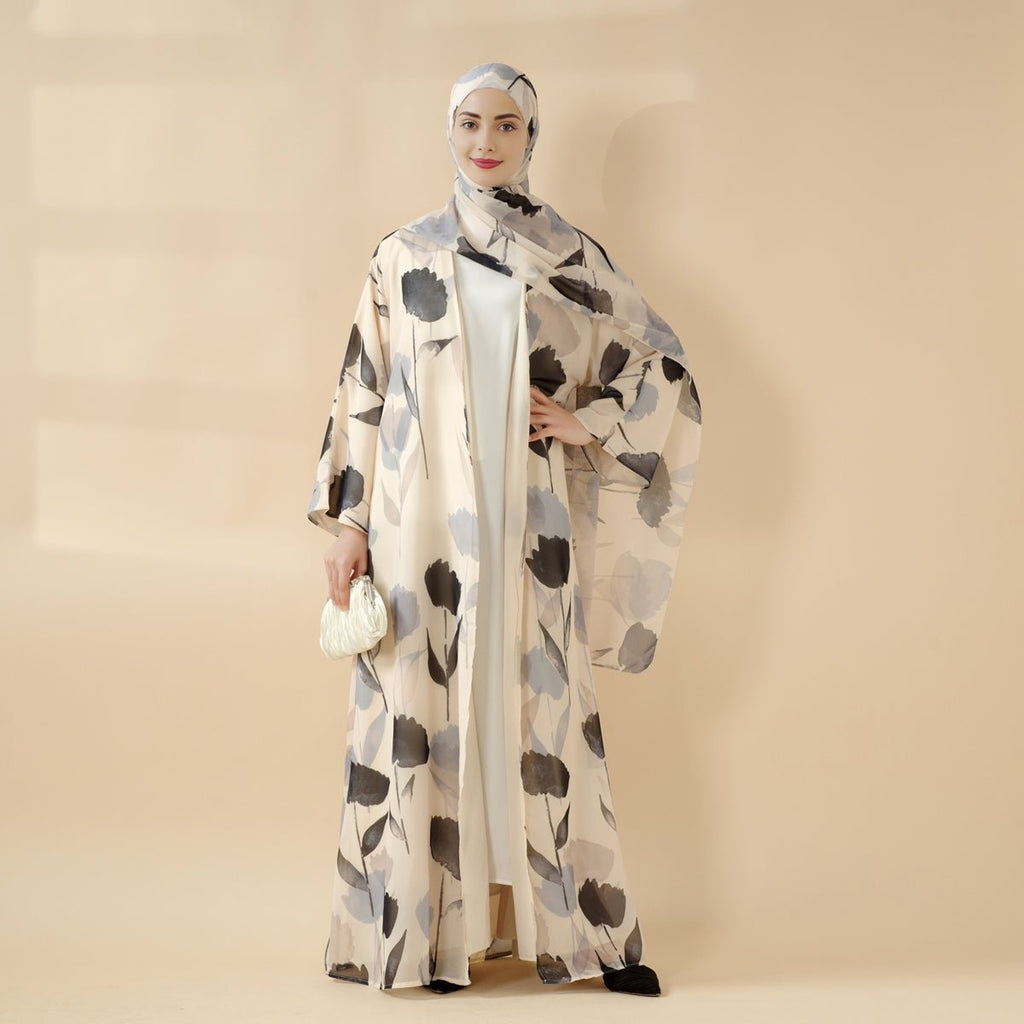Floral Pattern Open Abaya | 2-Piece Set Lightweight Printed Open Abaya (MOA124)