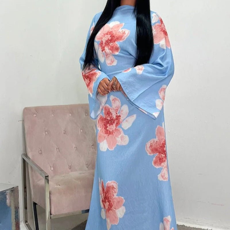 Floral Print Bell Sleeve Maxi Dress Abaya (MA214)