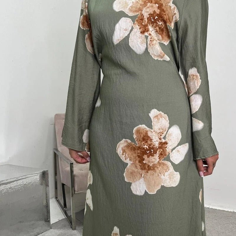 Floral Print Bell Sleeve Maxi Dress Abaya (MA214)