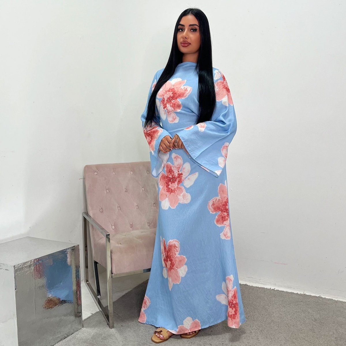Floral Print Bell Sleeve Maxi Dress Abaya (MA214)
