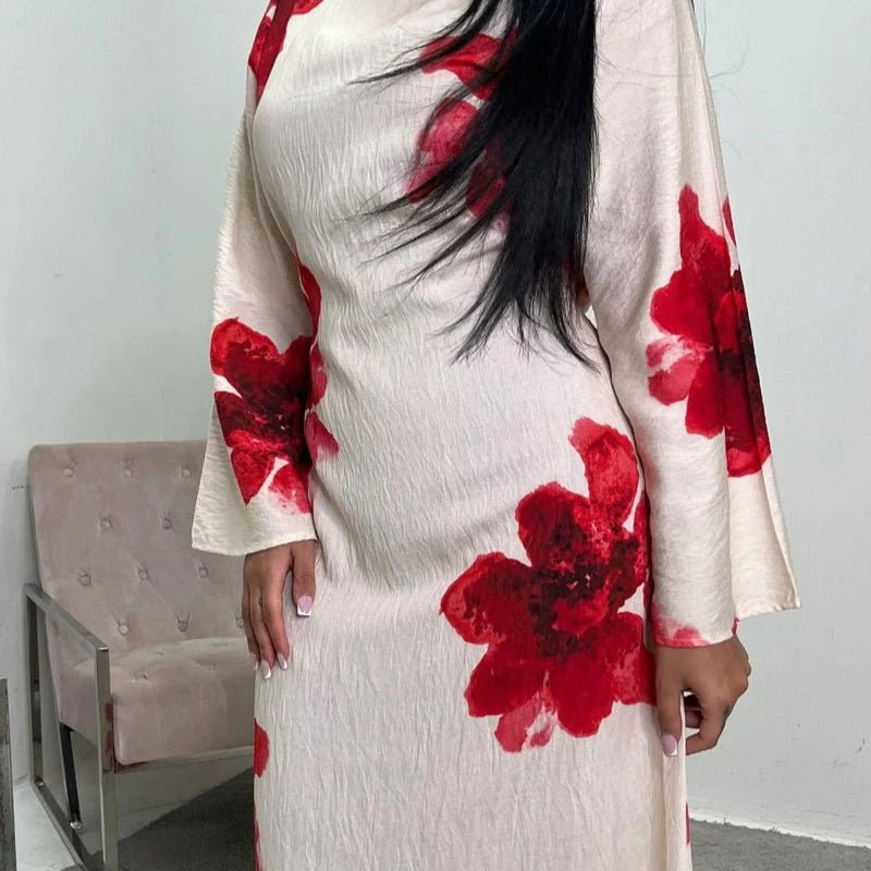 Floral Print Bell Sleeve Maxi Dress Abaya (MA214)