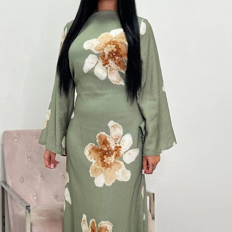 Floral Print Bell Sleeve Maxi Dress Abaya (MA214)