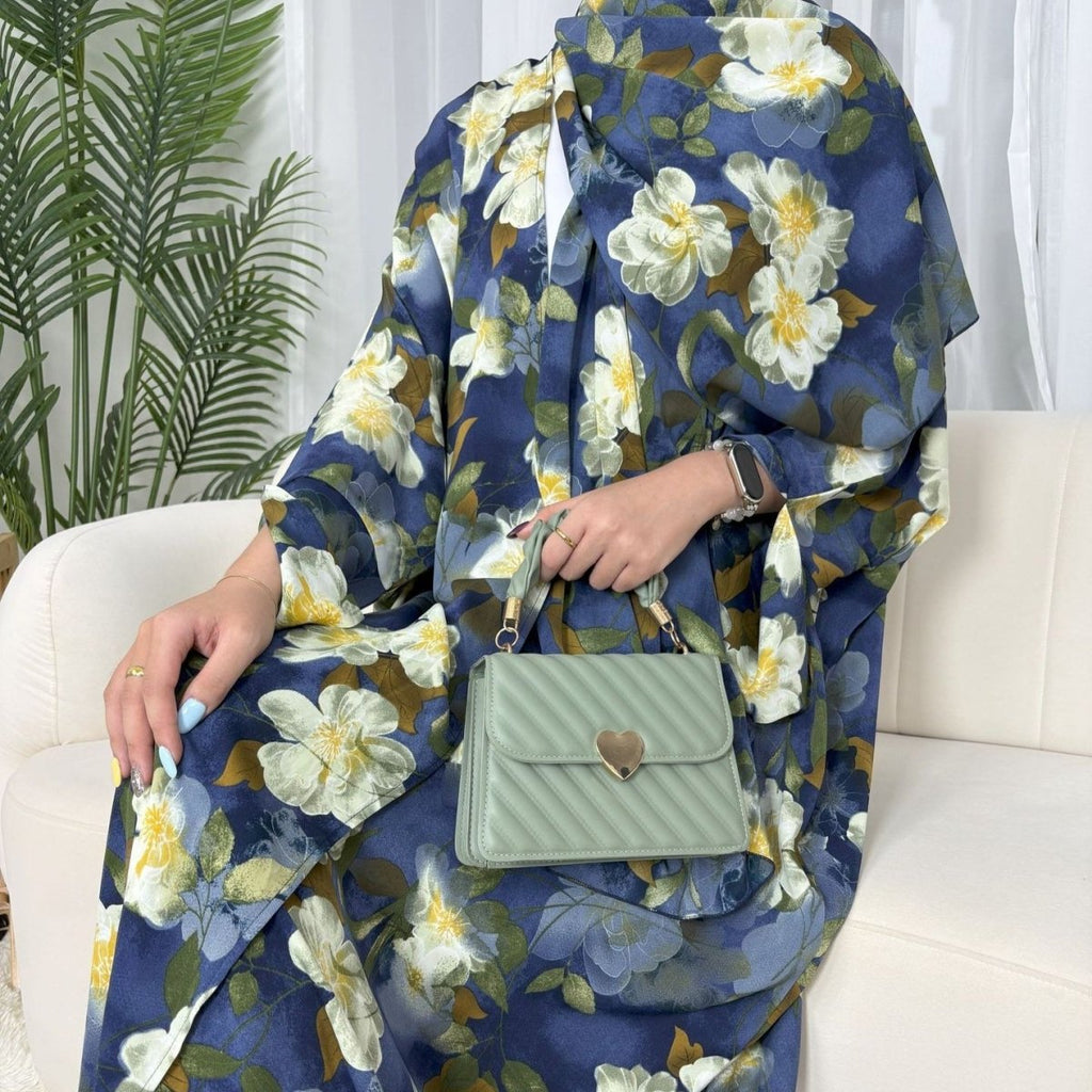 Floral Print Butterfly Sleeve Abaya Set | Resort Style Open-Front Cardigan(MOA256)
