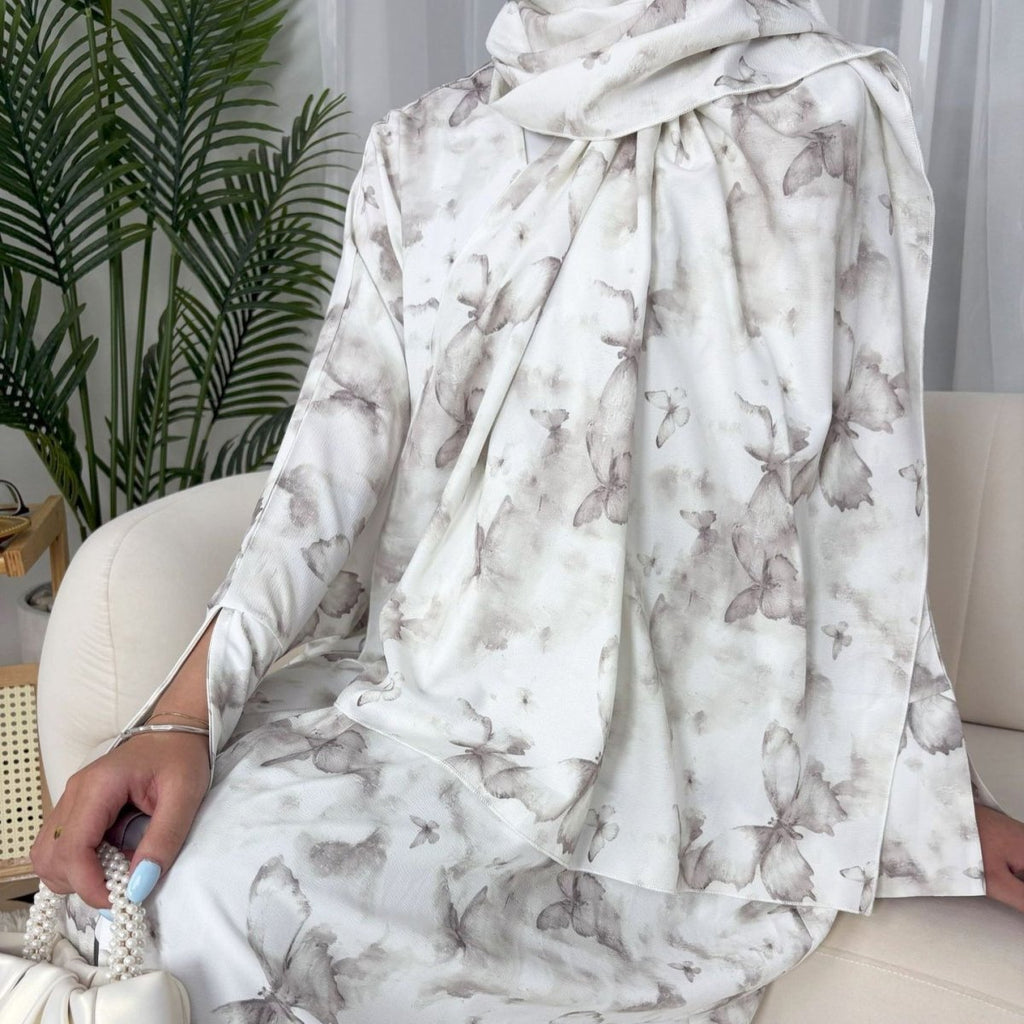 Floral Print Butterfly Sleeve Abaya Set | Resort Style Open-Front Cardigan(MOA256)