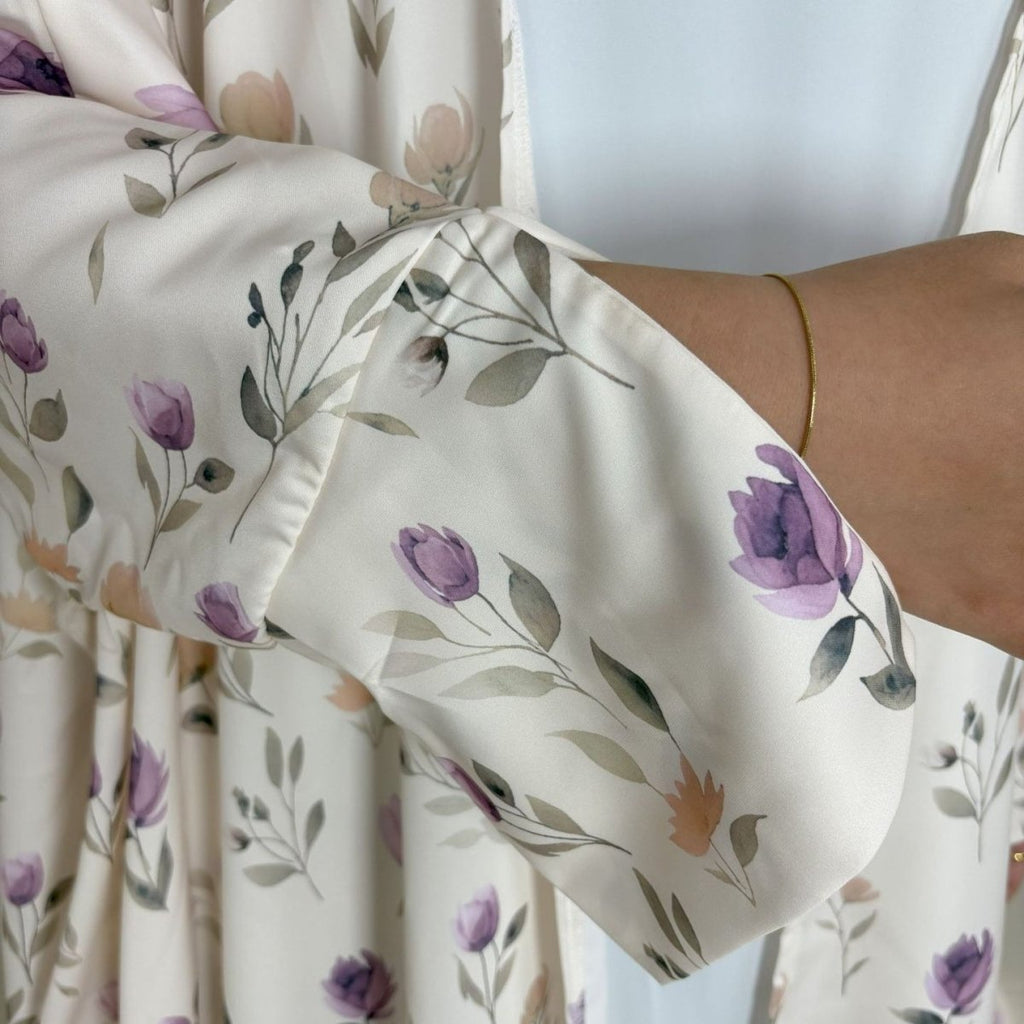 Floral Print Butterfly Sleeve Abaya Set | Resort Style Open-Front Cardigan(MOA256)