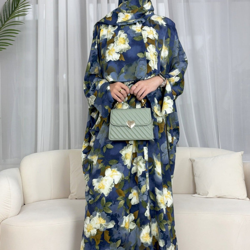 Floral Print Butterfly Sleeve Abaya Set | Resort Style Open-Front Cardigan(MOA256)
