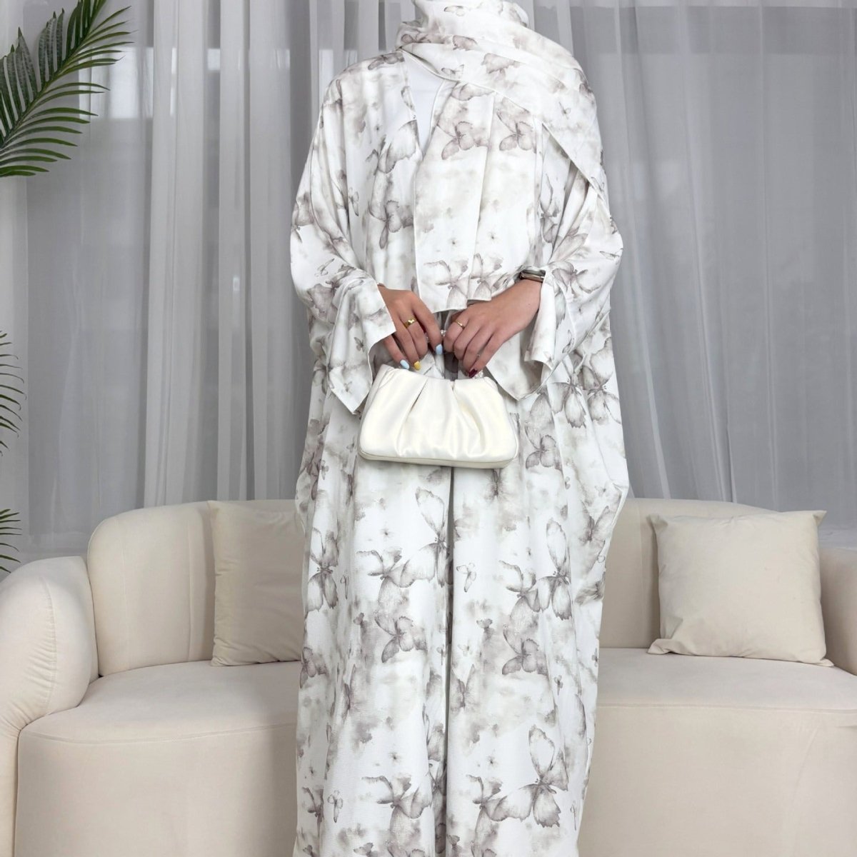 Floral Print Butterfly Sleeve Abaya Set | Resort Style Open-Front Cardigan(MOA256)
