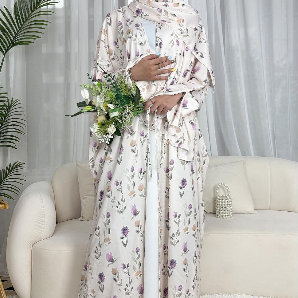 Floral Print Butterfly Sleeve Abaya Set | Resort Style Open-Front Cardigan(MOA256)
