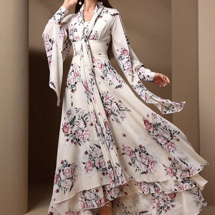 Floral Print Chiffon Kimono Dress(MS371)