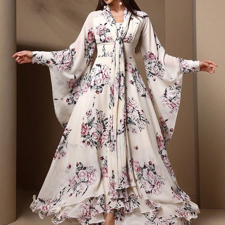 Floral Print Chiffon Kimono Dress(MS371)