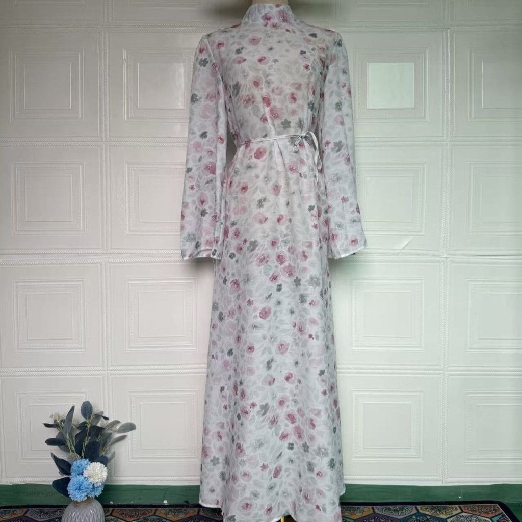 Floral Print Flared-Sleeve Waist Belt Maxi Dress(MS482)