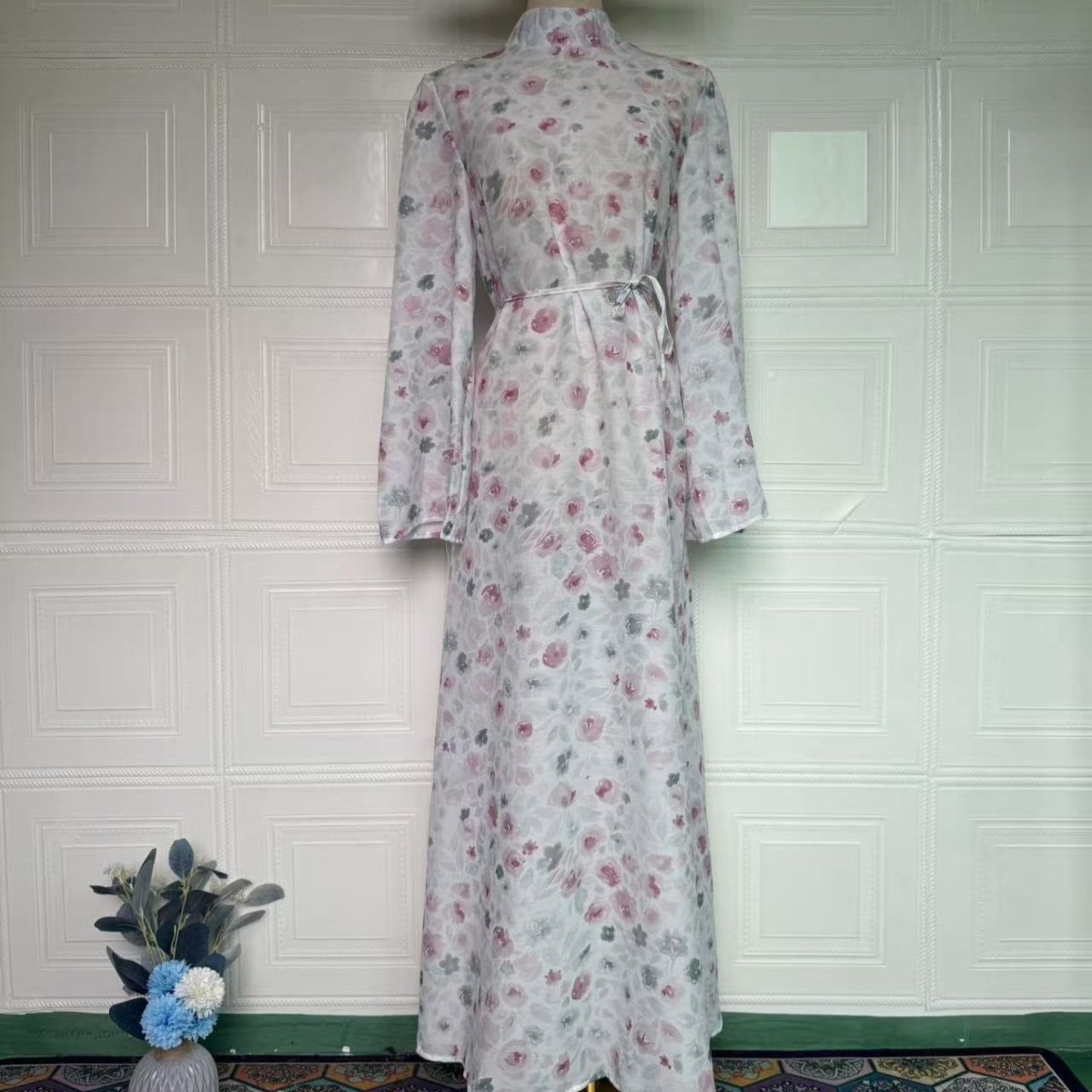 Floral Print Flared-Sleeve Waist Belt Maxi Dress(MS482)