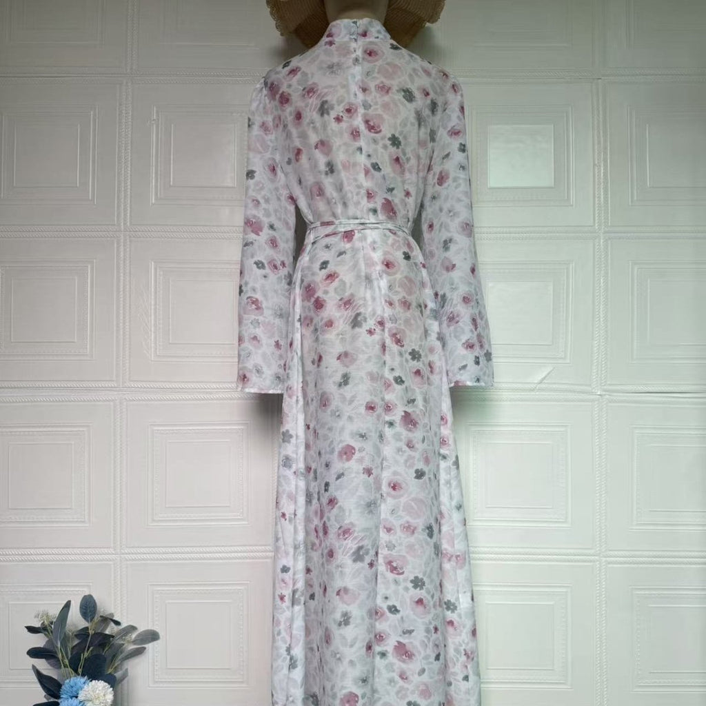 Floral Print Flared-Sleeve Waist Belt Maxi Dress(MS482)