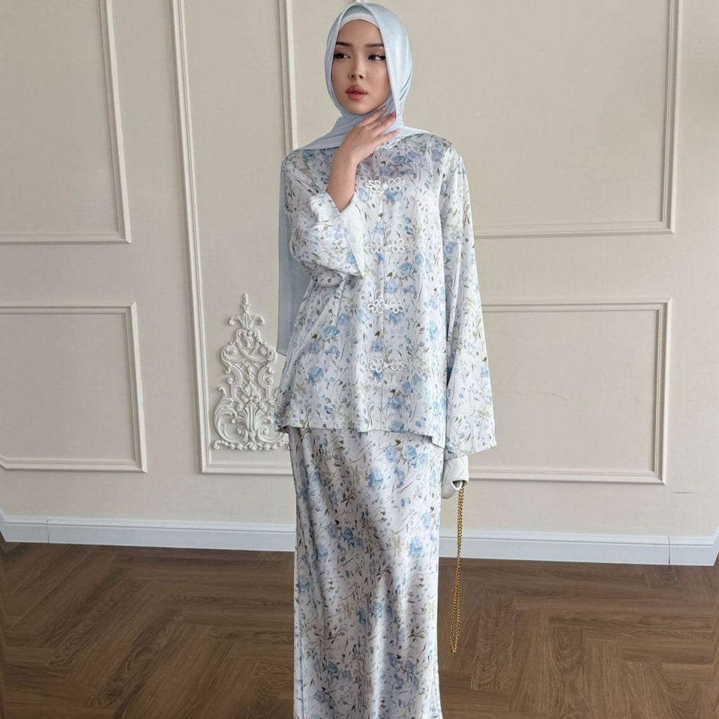 Floral Print Frog Button Blouse & Maxi Skirt Set(MS430)