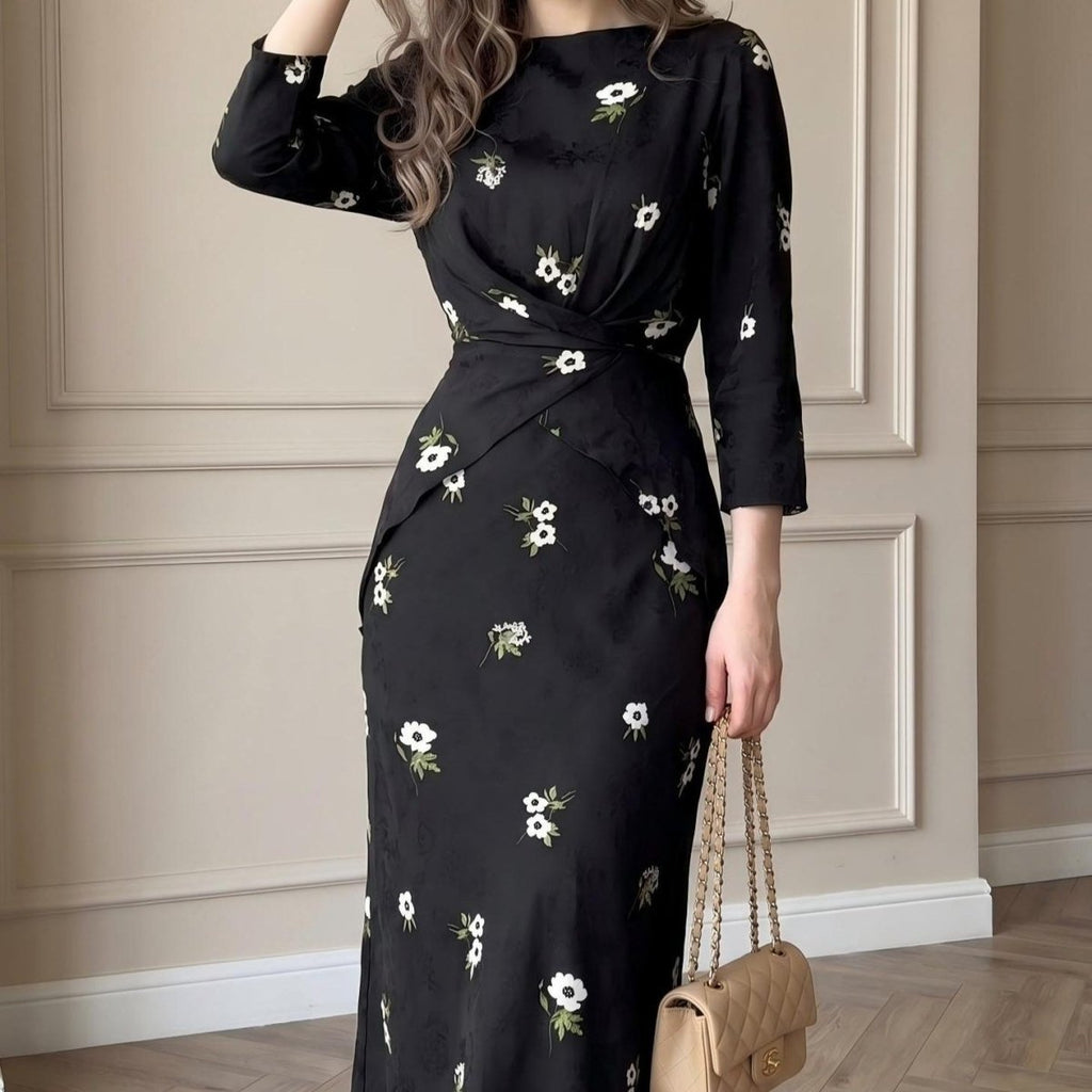 Floral Print Twist-Front Midi Dress(MS463)