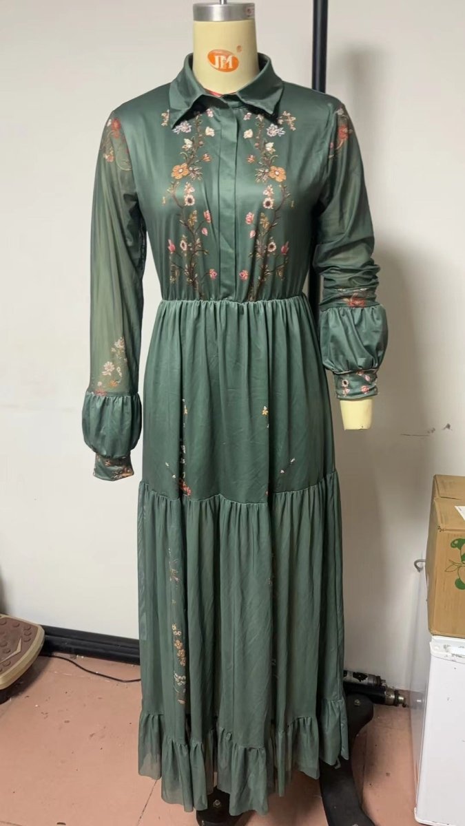 Floral Printer Shirt Dress | Elegant Collar Button-Front Gown Abaya(MA381)