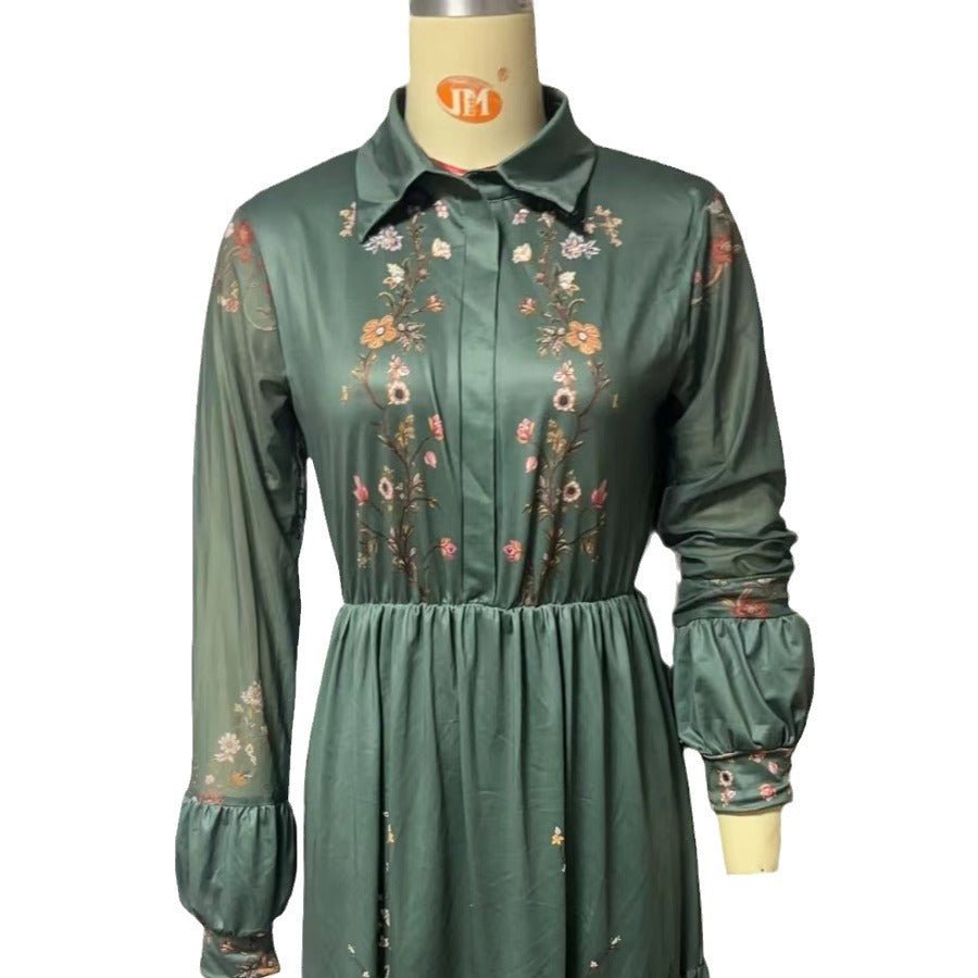 Floral Printer Shirt Dress | Elegant Collar Button-Front Gown Abaya(MA381)