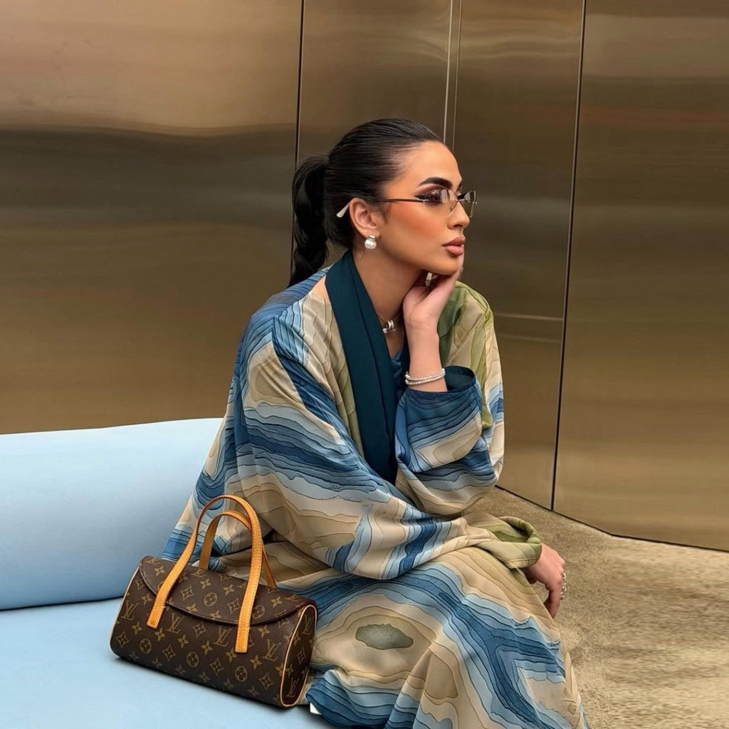 Fluid Topographic Print Open Abaya & Matching Hijab Set(MOA331)