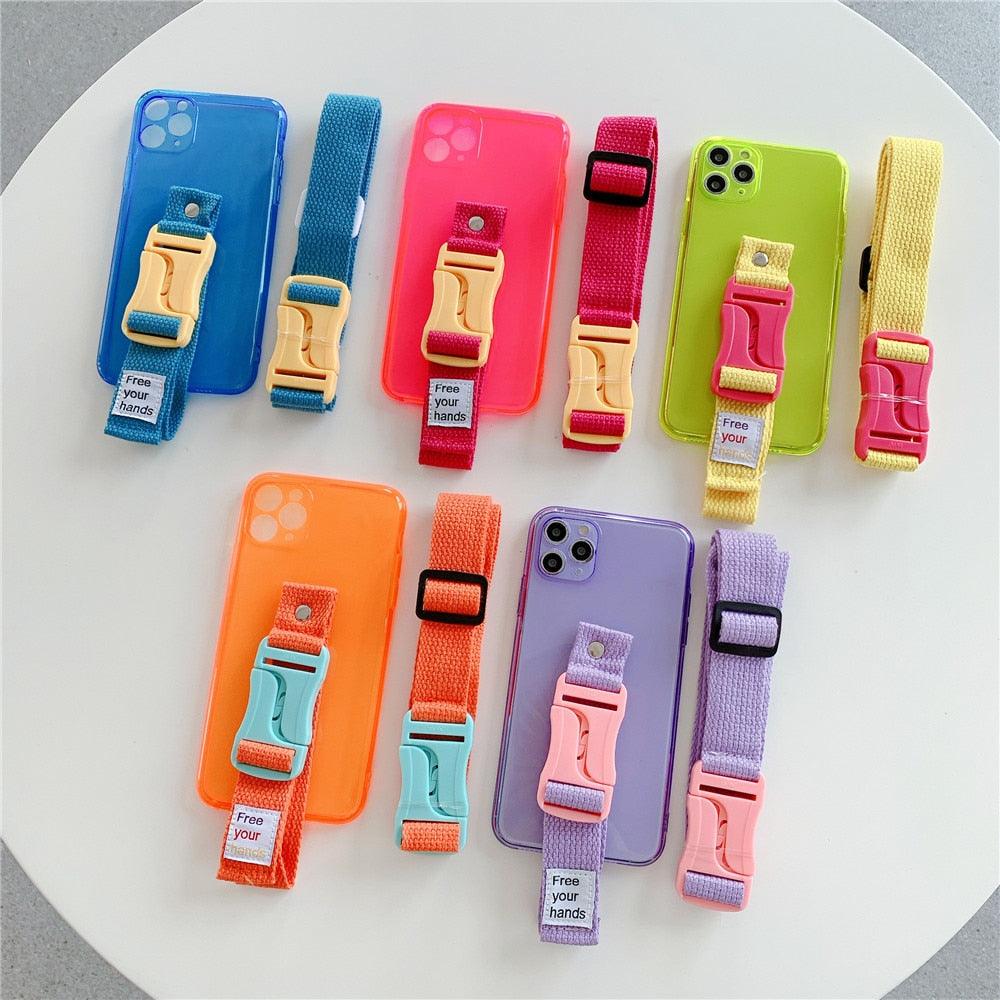 Fluorescent Sports Smartphone Case Bright Color Silicone Simple Soft Protective Cover Mobile Strap Wrist Crossbody Phone Case For iPhone 13 12 11 Pro XR XS Max X 8 7 Plus SE2 Strap Soft Silicon Phone Cover