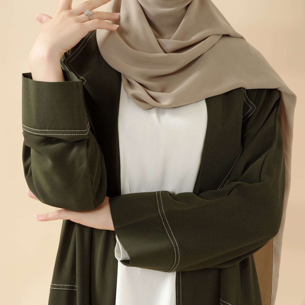 Forest Green Contrast Stitching Double-Breasted Trench Coat Thin Open Abaya (MOA122)