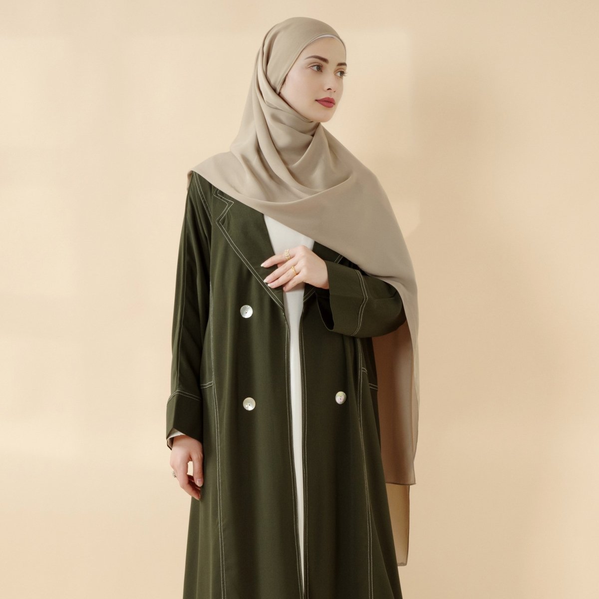 Forest Green Contrast Stitching Double-Breasted Trench Coat Thin Open Abaya (MOA122)
