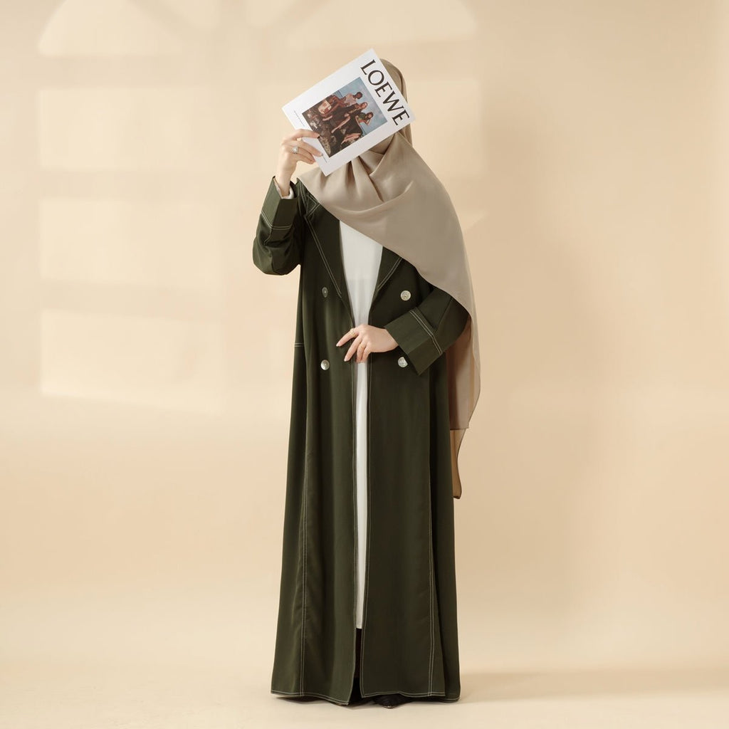 Forest Green Contrast Stitching Double-Breasted Trench Coat Thin Open Abaya (MOA122)