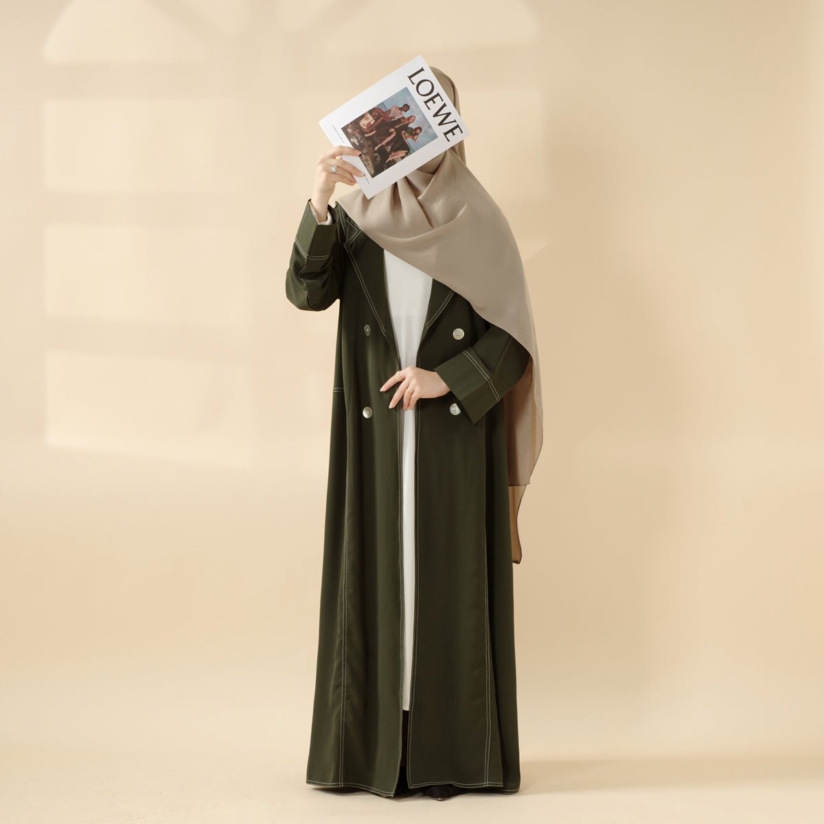 Forest Green Contrast Stitching Double-Breasted Trench Coat Thin Open Abaya (MOA122)