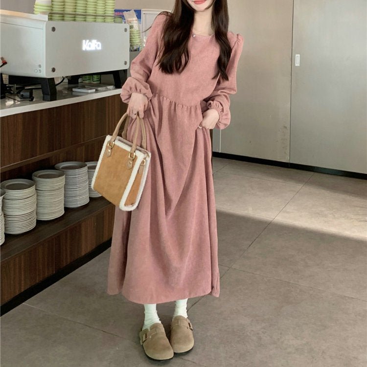 French Corduroy Lantern Sleeve Maxi Dress | Elastic Cuff Gathered Dress(MS206)