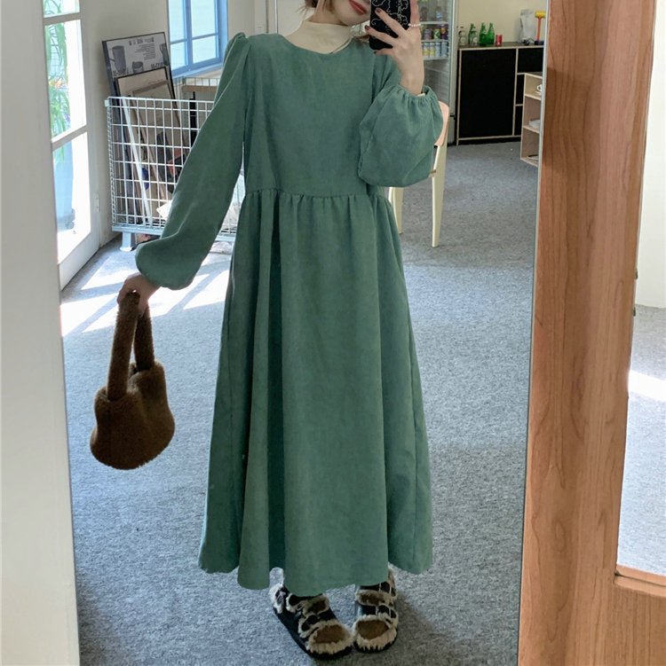 French Corduroy Lantern Sleeve Maxi Dress | Elastic Cuff Gathered Dress(MS206)
