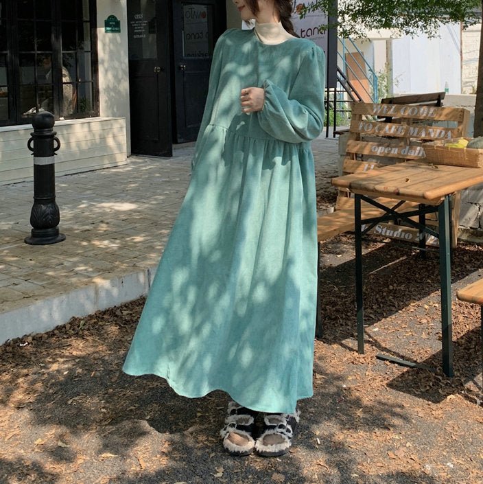 French Corduroy Lantern Sleeve Maxi Dress | Elastic Cuff Gathered Dress(MS206)