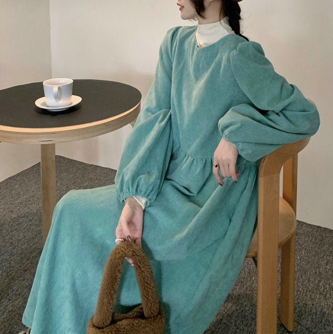 French Corduroy Lantern Sleeve Maxi Dress | Elastic Cuff Gathered Dress(MS206)