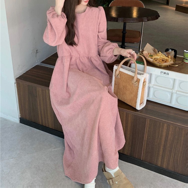 French Corduroy Lantern Sleeve Maxi Dress | Elastic Cuff Gathered Dress(MS206)
