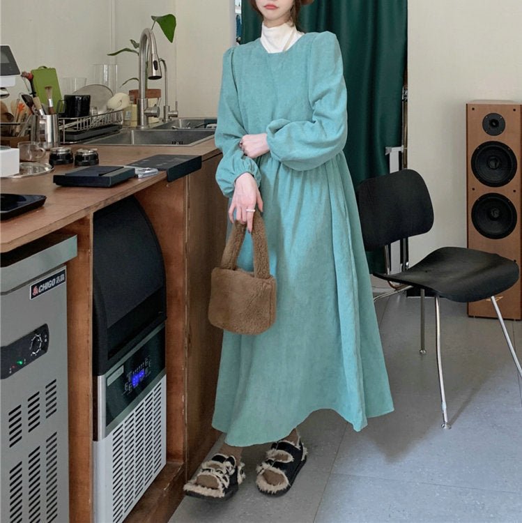 French Corduroy Lantern Sleeve Maxi Dress | Elastic Cuff Gathered Dress(MS206)