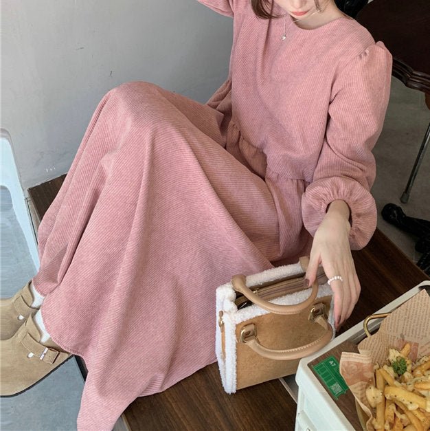 French Corduroy Lantern Sleeve Maxi Dress | Elastic Cuff Gathered Dress(MS206)