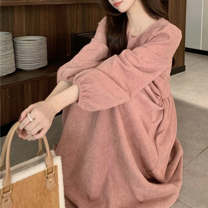 French Corduroy Lantern Sleeve Maxi Dress | Elastic Cuff Gathered Dress(MS206)