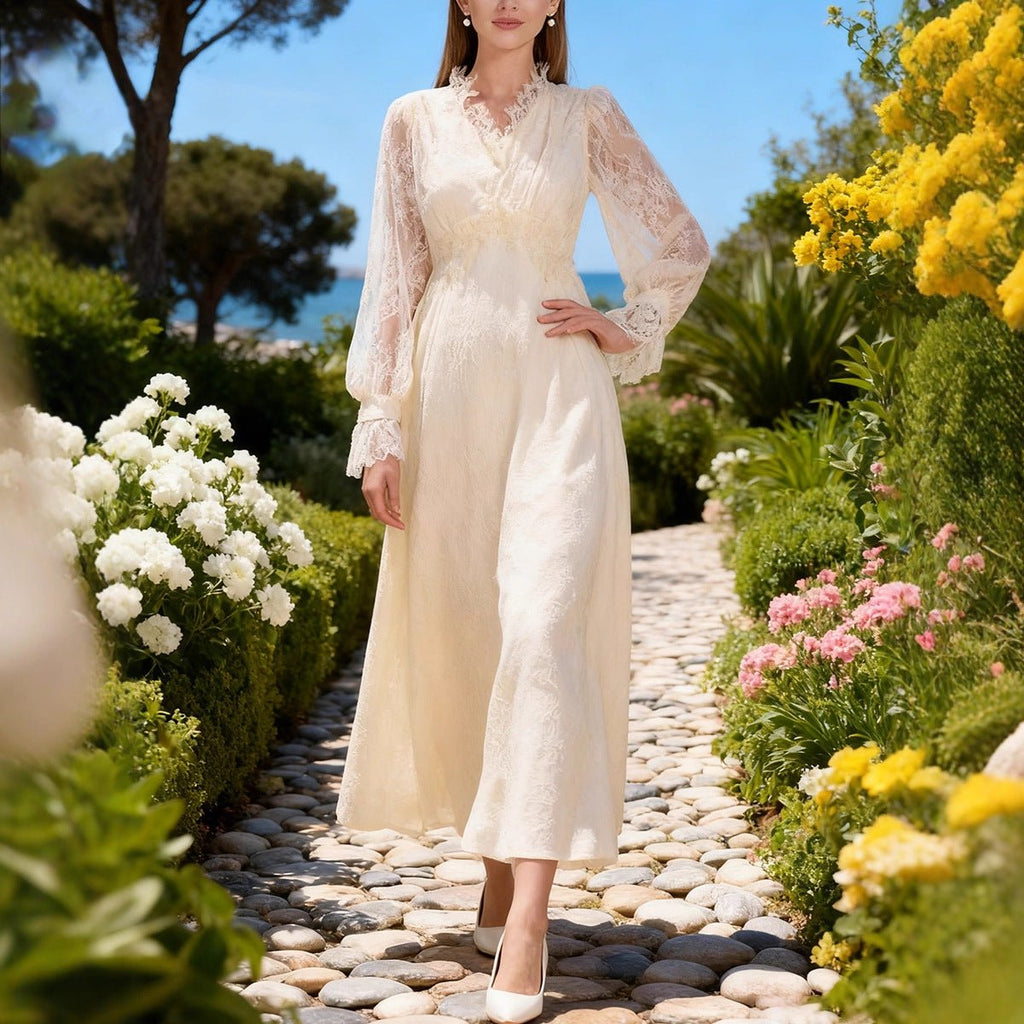 French Lace V-Neck Maxi Dress(MS361)