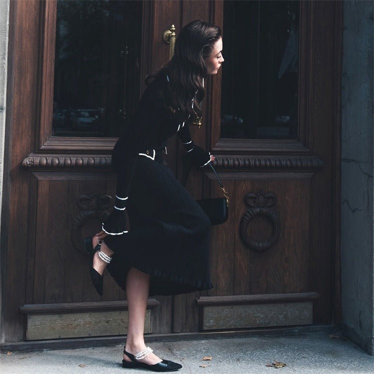 French Luxury Ruffle Trim Knit Dress | Collared Midi Sweater Dress(MS199)