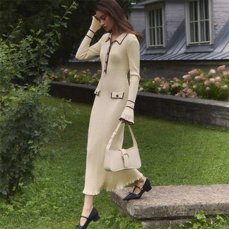 French Luxury Ruffle Trim Knit Dress | Collared Midi Sweater Dress(MS199)