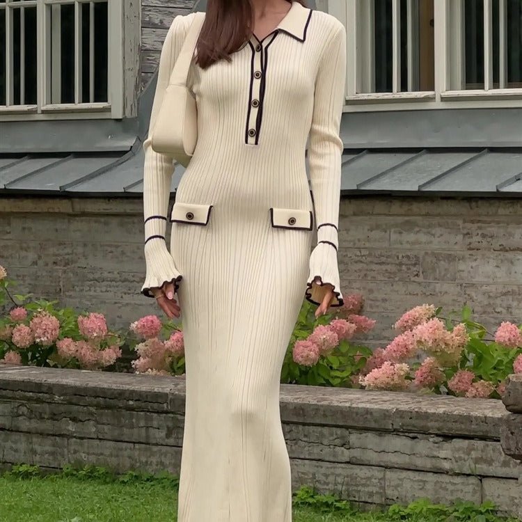 French Luxury Ruffle Trim Knit Dress | Collared Midi Sweater Dress(MS199)