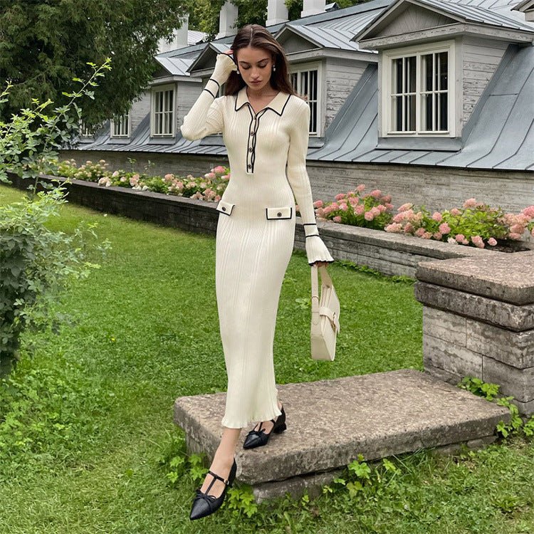 French Luxury Ruffle Trim Knit Dress | Collared Midi Sweater Dress(MS199)